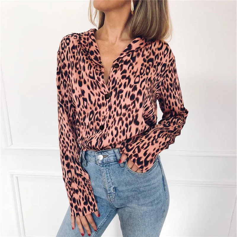 Women Blouses Vintage Leopard Blouse Long Elegant Embroidery Blouse