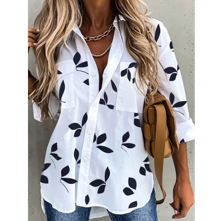 Women Fashion Casual Leaf Print Single-Breasted Long-Sleeved Shirt Blouse Satin Drape Blouse