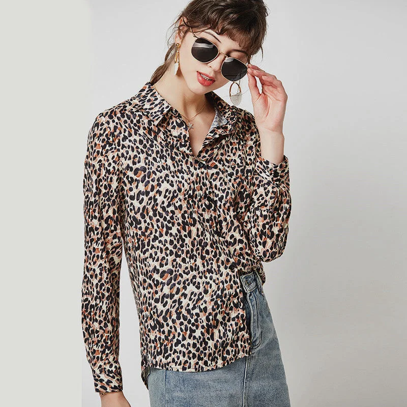 Women Leopard Blouse Vintage Turn Down Collar Elegant Lace Blouse