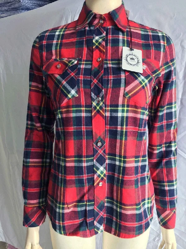 Womens Fleece-lined Plaid Long Sleeved Blouse Decorative Pockers, Collar Pastel Color Blouse
