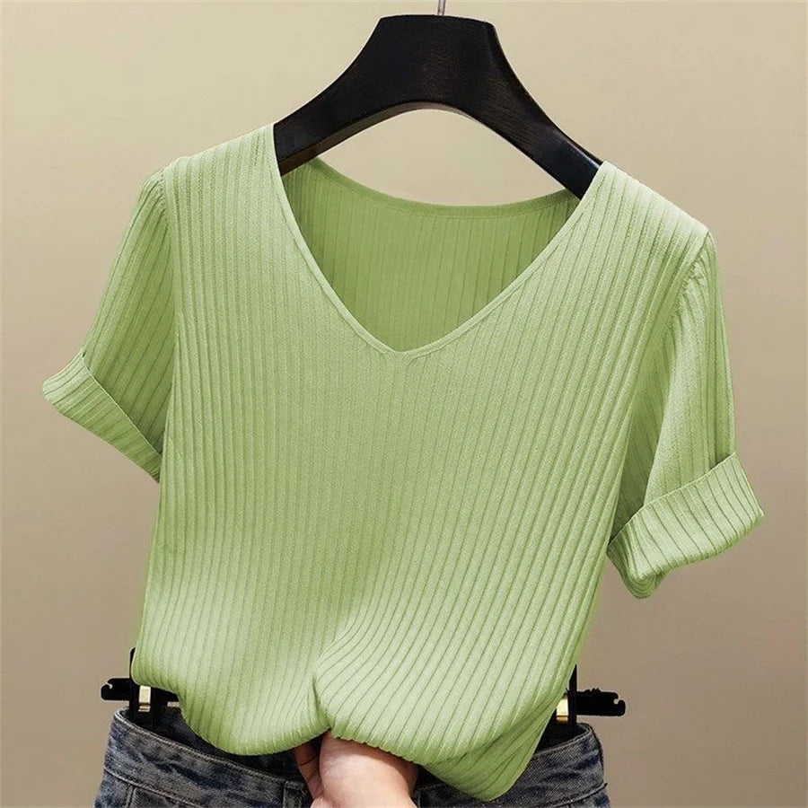 Women's V-Neck Short Sleeve Blouse Embellished Collar Blouse