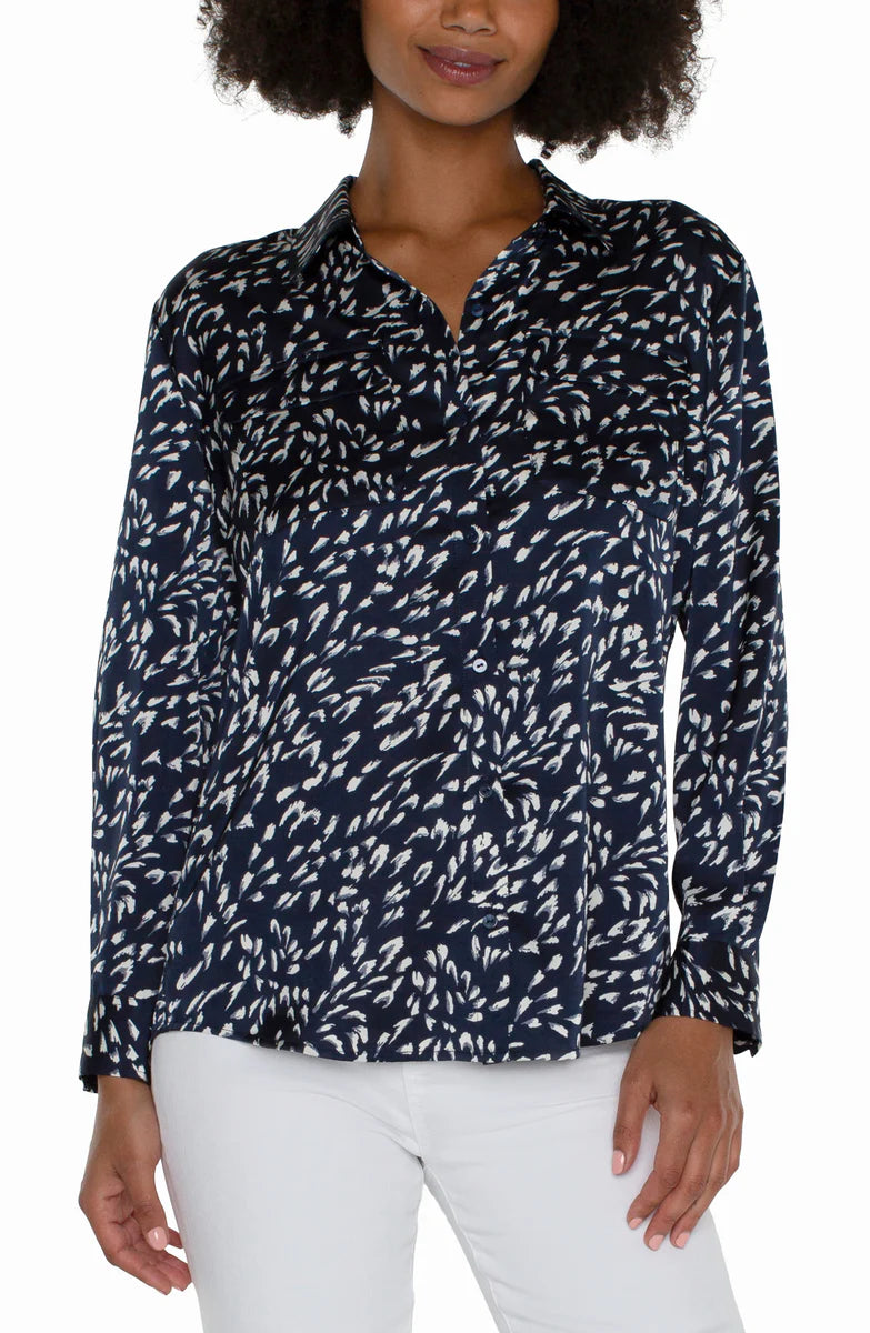 Woven Blouse with Pocket in Blue High Neck Blouse