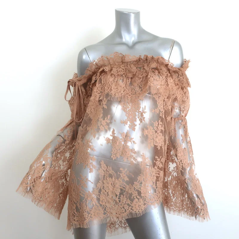 Zimmermann Bowerbird Off the Shoulder Lace Blouse Tan Size 3 Long Sleeve Top Feminine Ruffle Blouse