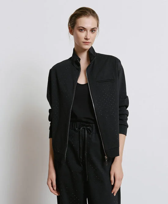 Access Fashion Black Bomber Jacket With Rhinestones Front Pockets Side Pockets Patch Pockets Access Fashion Black Bomber Jacket With Rhinestones Front Pockets Side Pockets Patch Pockets