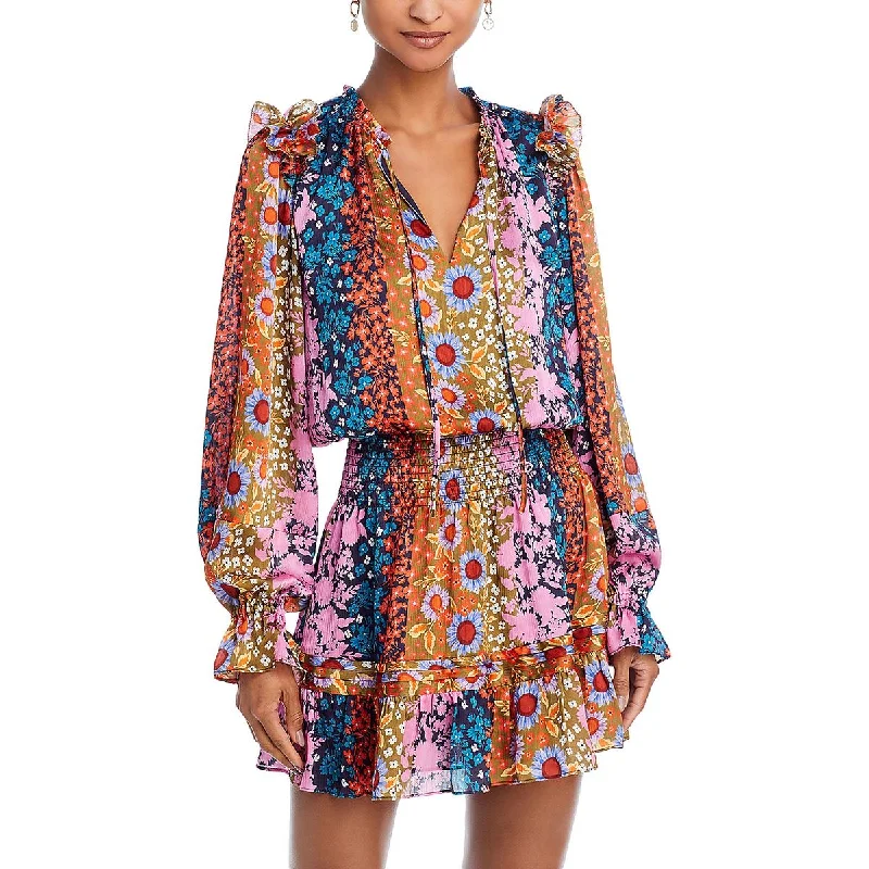 Mak Womens Printed Smocked Mini Dress Elegant Floral-Print Mini Dress