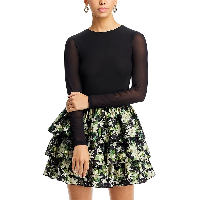 Womens Sheer Ruffled Mini Dress Trendy Cut-Out Mini Dress