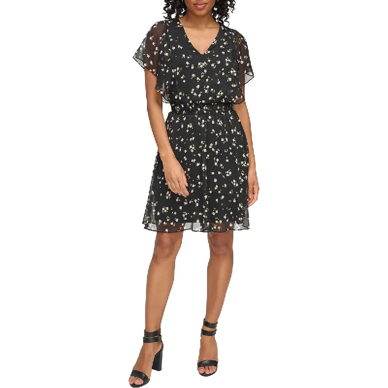 Womens V-Neck Floral Mini Dress Trendy Button-Detail Mini Dress