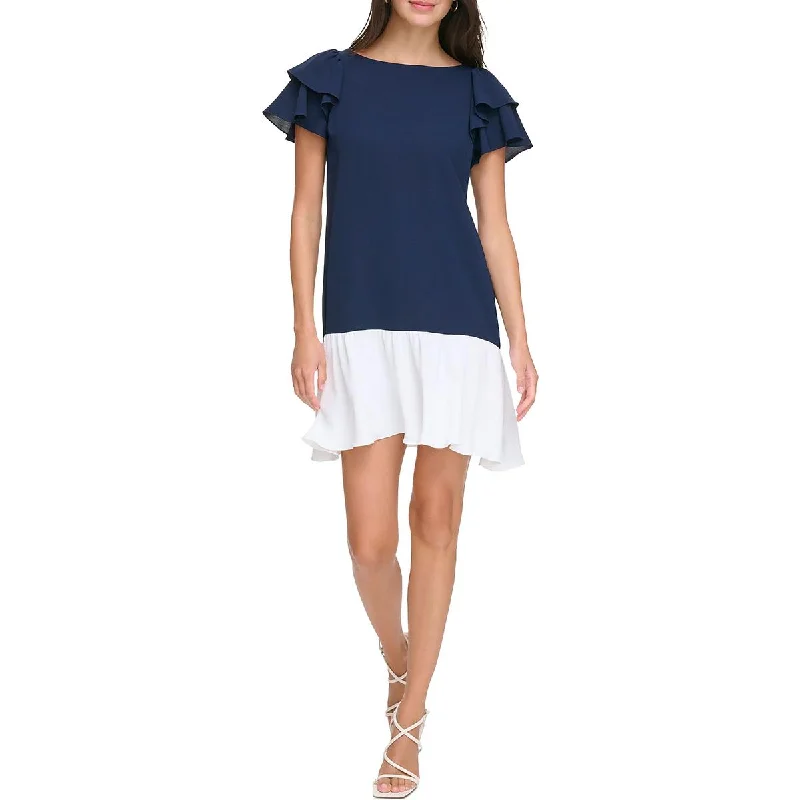Womens Colorblock Flutter Sleeves Mini Dress Trendy Tie-Dye Mini Dress