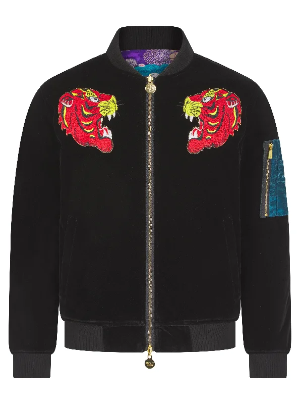 Soot and Ty Black Velvet Reversible Tiger Sukajan Bomber Jacket Denim Fabric Leather Fabric Suede Fabric Soot and Ty Black Velvet Reversible Tiger Sukajan Bomber Jacket Denim Fabric Leather Fabric Suede Fabric