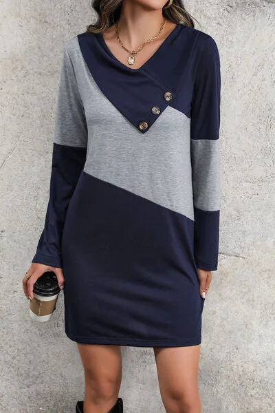 Blue Zone Planet |  Color Block V-Neck Mini Dress Fashionable Polka Dot Mini Dress