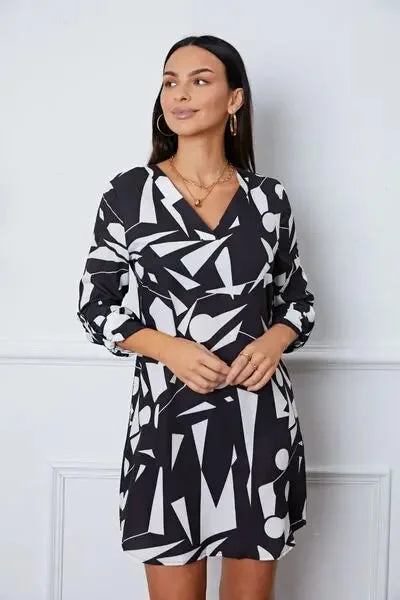 Blue Zone Planet |  Geometric V-Neck Roll-Tab Sleeve Mini Dress Cozy Knitted Mini Dress