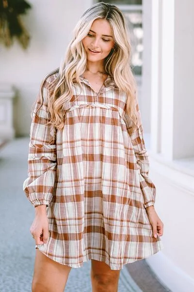 Blue Zone Planet |  Plaid Long Sleeve Babydoll Mini Dress Trendy Mini Dress with Belt