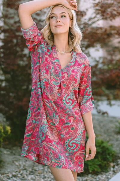 Blue Zone Planet |  Printed V-Neck Long Sleeve Mini Dress Trendy Cut-Out Mini Dress