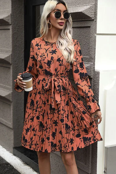 Blue Zone Planet |  Tie-Waist Printed Pleated Mini Dress Cozy Ribbed Mini Dress
