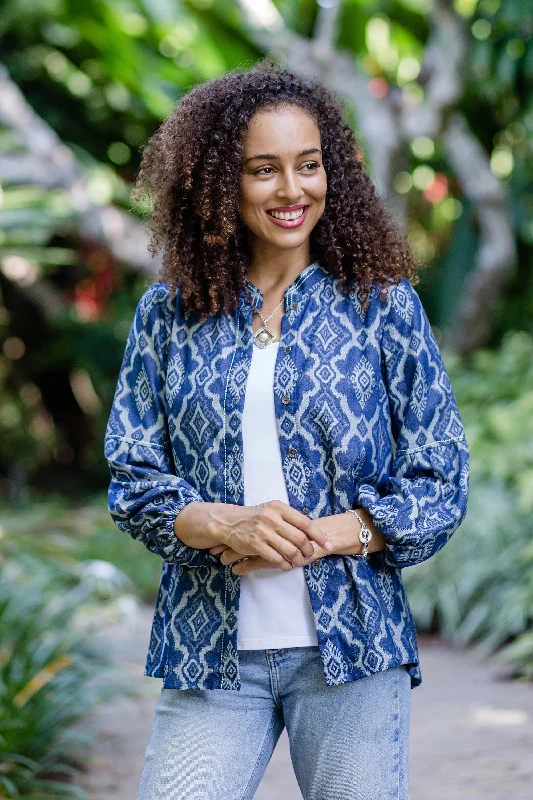 Brocade Flowers Woven Cotton Button-Up Shirt Jacket from Java Boat Neck Shawl Collar Notched Collar Brocade Flowers Woven Cotton Button-Up Shirt Jacket from Java Boat Neck Shawl Collar Notched Collar