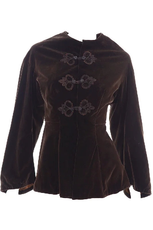 Chocolate Brown Velvet Edwardian Antique Peplum Jacket with Soutache Trim Collared Jacket Crew Neck Jacket Turtle Neck Jacket Chocolate Brown Velvet Edwardian Antique Peplum Jacket with Soutache Trim Collared Jacket Crew Neck Jacket Turtle Neck Jacket