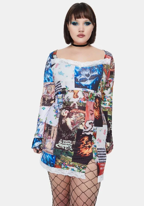Plus Patchwork Long Sleeve Mini Dress Elegant Vintage Mini Dress
