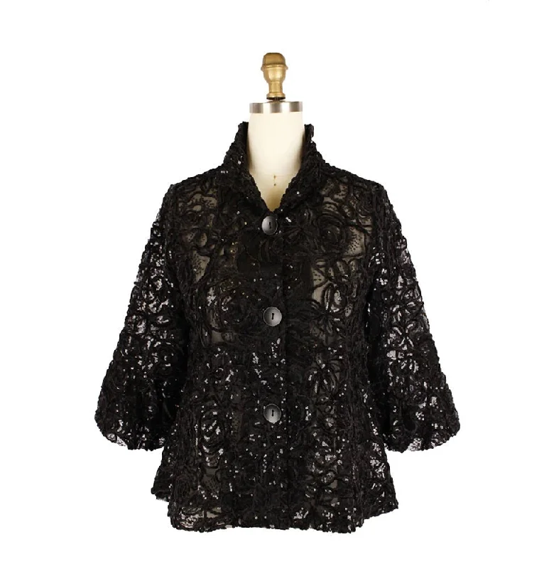 Damee Floral Chenille & Sequin Peplum Jacket in Black - 2411-BLK Hooded Jacket Caped Jacket Shawl Collar Jacket Damee Floral Chenille & Sequin Peplum Jacket in Black - 2411-BLK Hooded Jacket Caped Jacket Shawl Collar Jacket