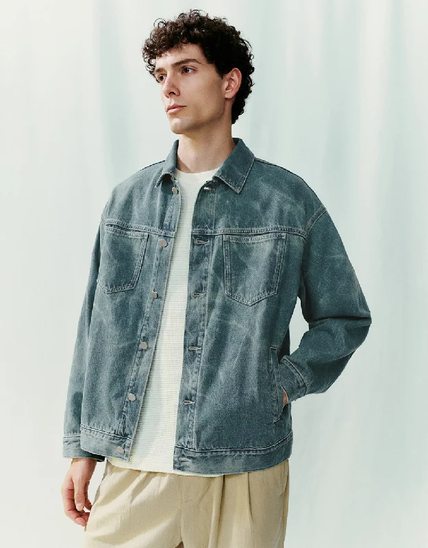 Distressed Button Up Denim Jacket Anorak Shell Jacket Lightweight Jacket