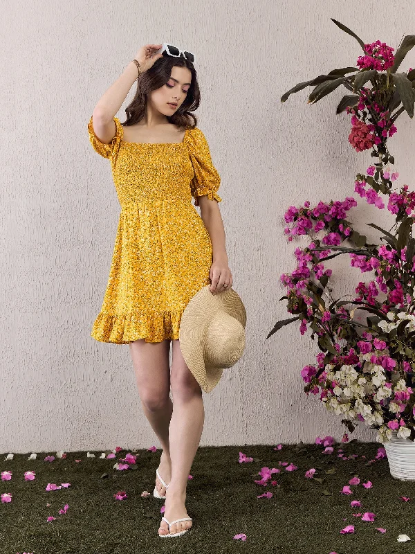 Berrylush Women Yellow Floral Printed Square Neck Back Cutout Tie-Up Flounce Hem Smocked A-Line Mini Dress Classic Striped Mini Dress
