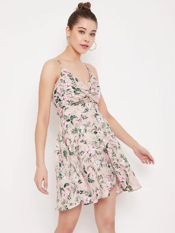 Berrylush Women Beige Floral Print Front Knot V-Neck Mini Dress Chic Sleeveless Mini Dress