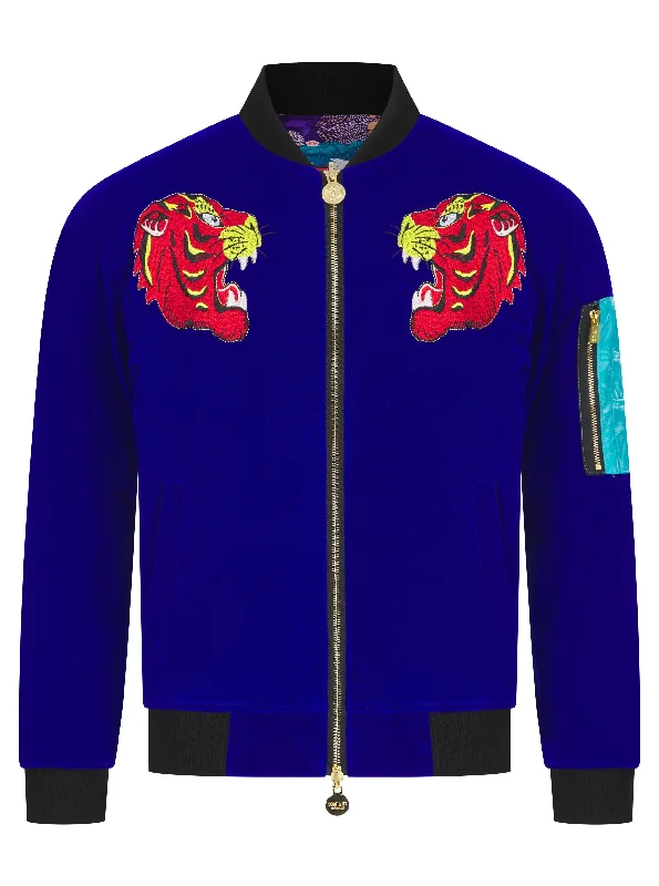 Soot and Ty Electric Blue Velvet Reversible Tiger Sukajan Bomber Jacket Embroidered Jacket Appliqued Jacket Beaded Jacket Soot and Ty Electric Blue Velvet Reversible Tiger Sukajan Bomber Jacket Embroidered Jacket Appliqued Jacket Beaded Jacket