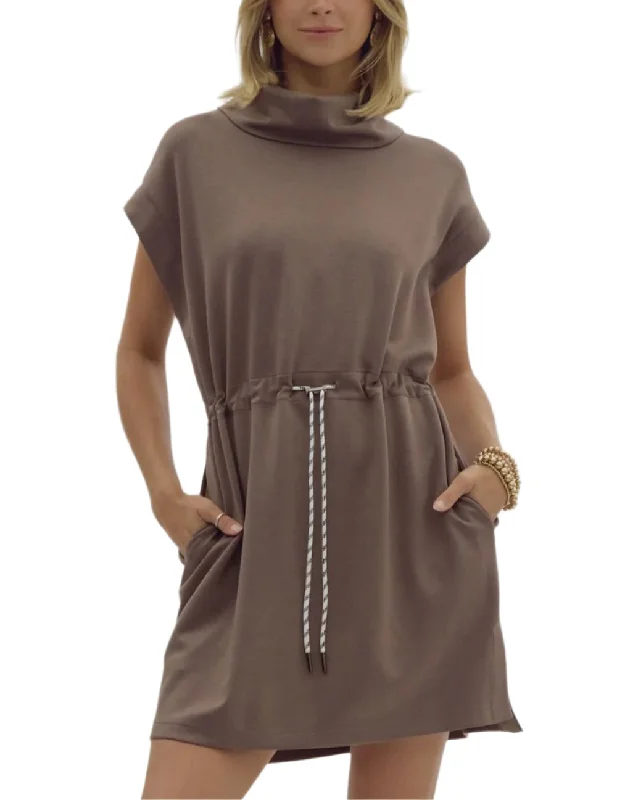 Cowl Neck Mini Dress - Mocha Fashionable Denim Mini Dress