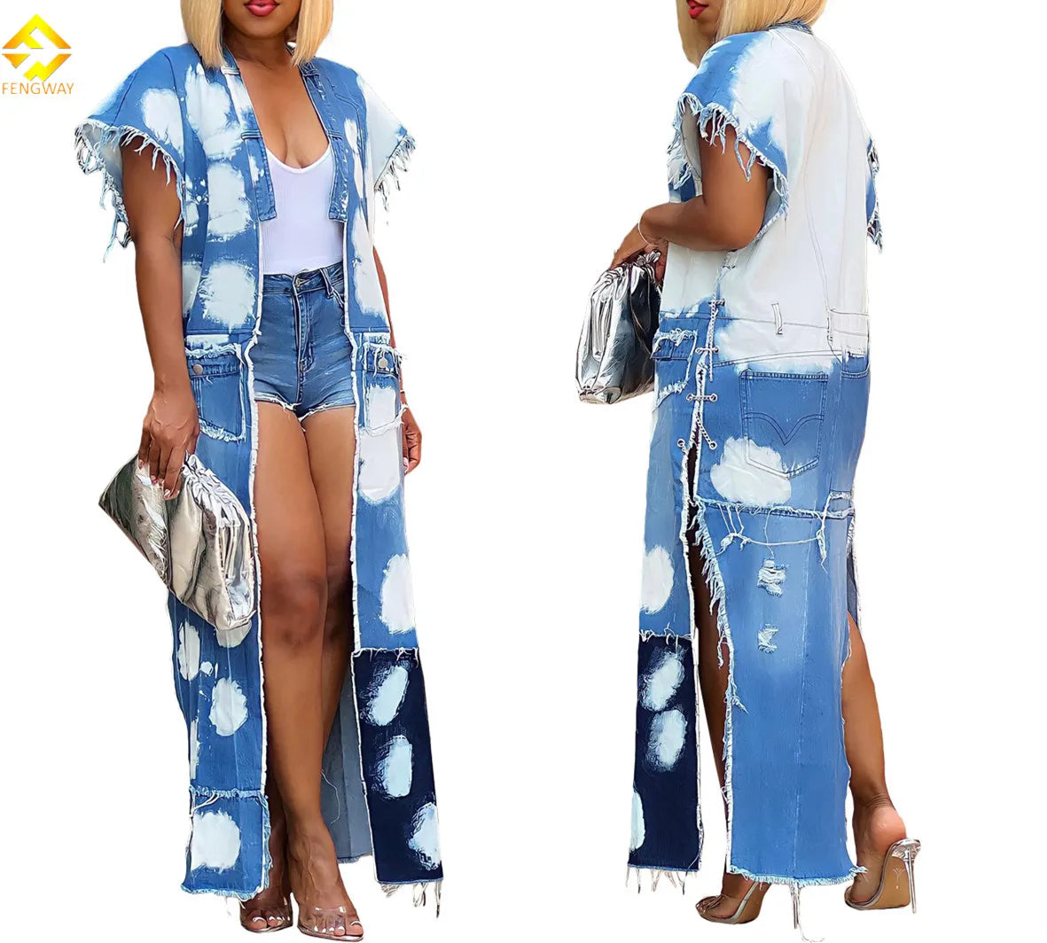 Fall Winter Streetwear Women's Jean Long Coats Patchwork Sleeveless Cardigan Ladies Denim Jacket V-Neck Jacket Boat Neck Jacket Square Neck Jacket