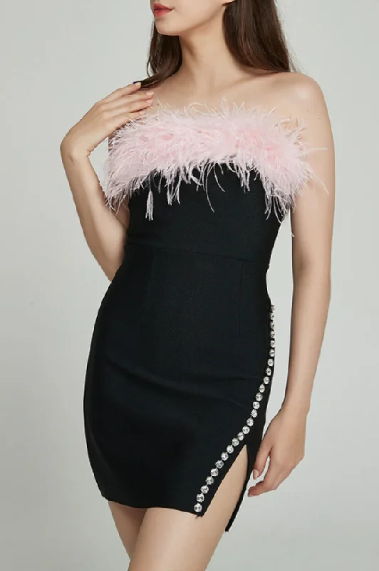Feather Trimmed Pink Crepe Mini Dress Comfortable One-Shoulder Mini Dress