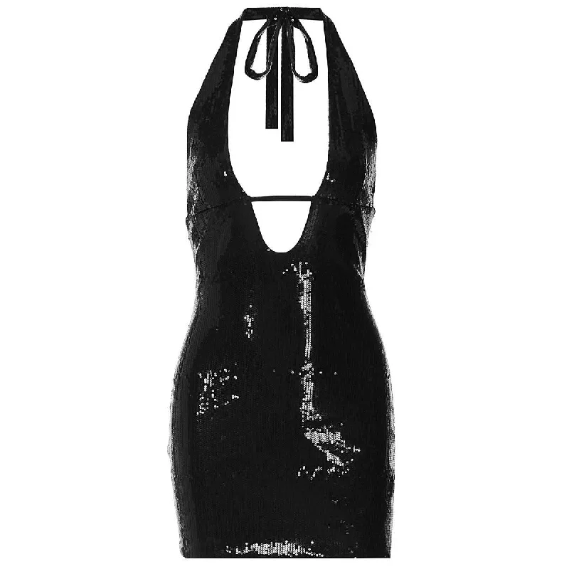 Halter v neck glitter backless mini dress Comfortable Fit-and-Flare Mini Dress