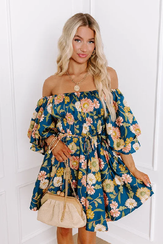 Happy Haven Floral Mini Dress in Teal Trendy Off-Shoulder Dress Mini