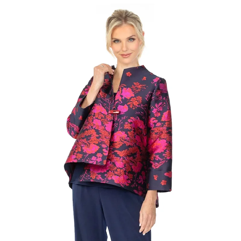 IC Collection Floral Jacquard Asymmetric Jacket in Fuchsia - 6644J-FS Wool Jacket Cashmere Jacket Tweed Jacket IC Collection Floral Jacquard Asymmetric Jacket in Fuchsia - 6644J-FS Wool Jacket Cashmere Jacket Tweed Jacket