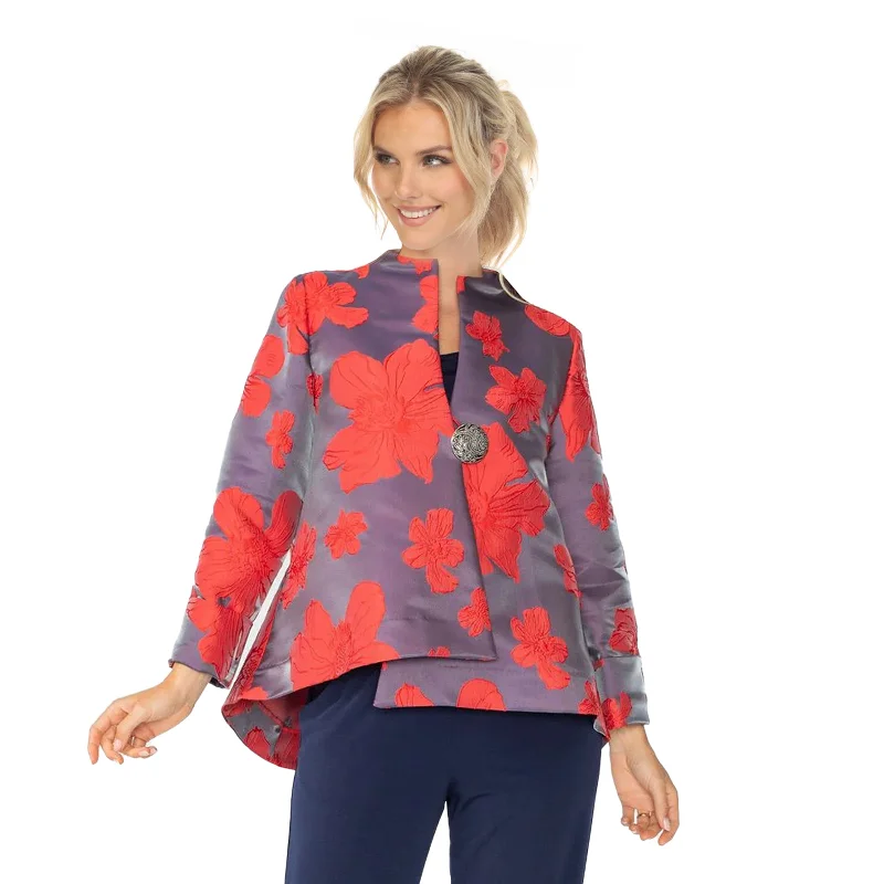 IC Collection Blossom Jacquard Asymmetric Jacket in Red - 4758J-RD Mesh Jacket Canvas Jacket Denim Jacket
