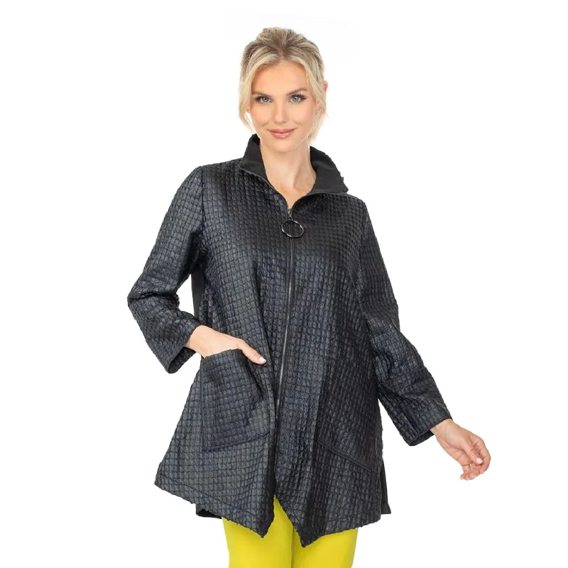 IC Collection Geo-Jacquard Asymmetric Pocket Jacket in Black - 6751J-BLK Fleece Jacket Down Jacket Feather Jacket