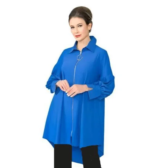 IC Collection High-Low Collared Jacket in Blue - 5672J-BLU Collared Jacket Crew Neck Jacket Turtle Neck Jacket IC Collection High-Low Collared Jacket in Blue - 5672J-BLU Collared Jacket Crew Neck Jacket Turtle Neck Jacket
