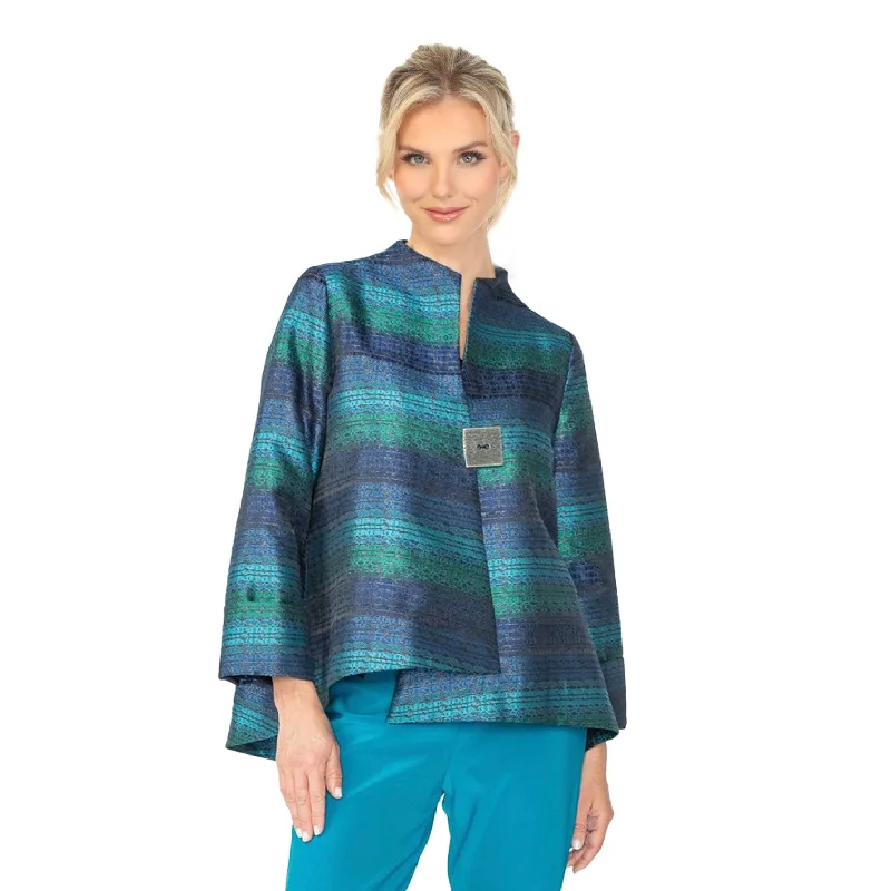 IC Collection Multi -Stripe Jacquard One-Button Jacket - 6646J-BLU Faux Fur Jacket Real Fur Jacket Shearling Jacket IC Collection Multi -Stripe Jacquard One-Button Jacket - 6646J-BLU Faux Fur Jacket Real Fur Jacket Shearling Jacket