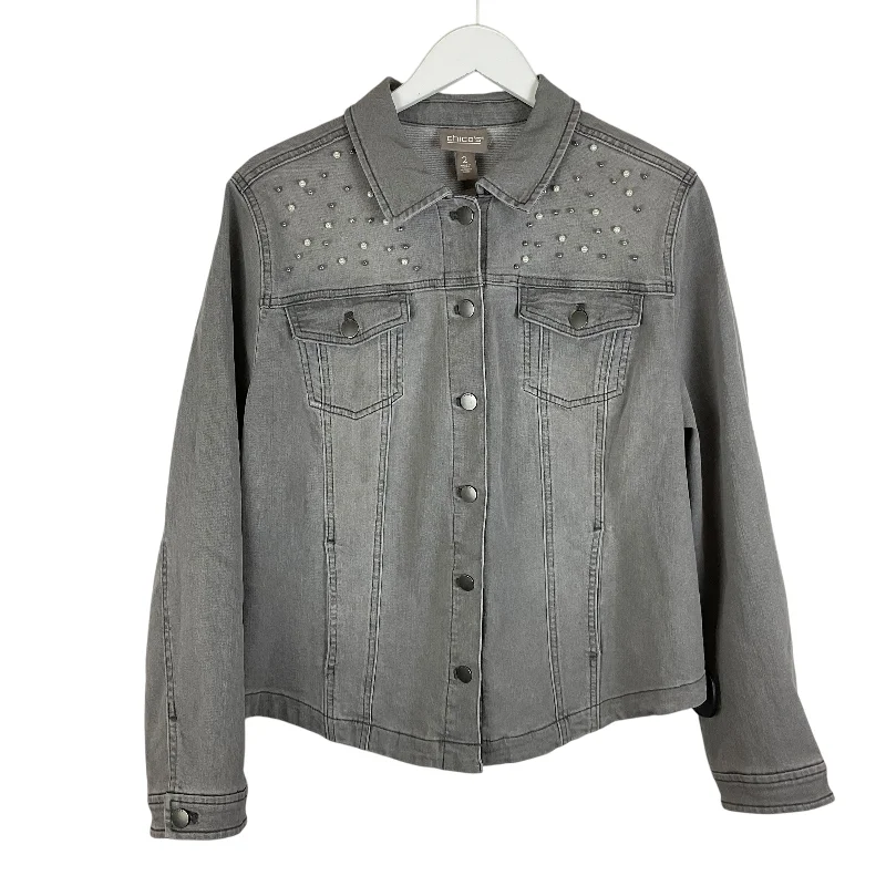 Jacket Denim By Chicos In Grey Denim, Size: 2x Notch Collar Peter Pan Collar Cowl Neck Jacket Denim By Chicos In Grey Denim, Size: 2x Notch Collar Peter Pan Collar Cowl Neck