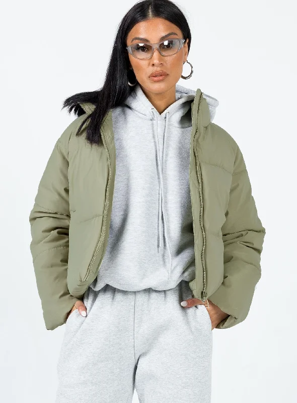 Jill Puffer Jacket Khaki Front Pockets Side Pockets Patch Pockets