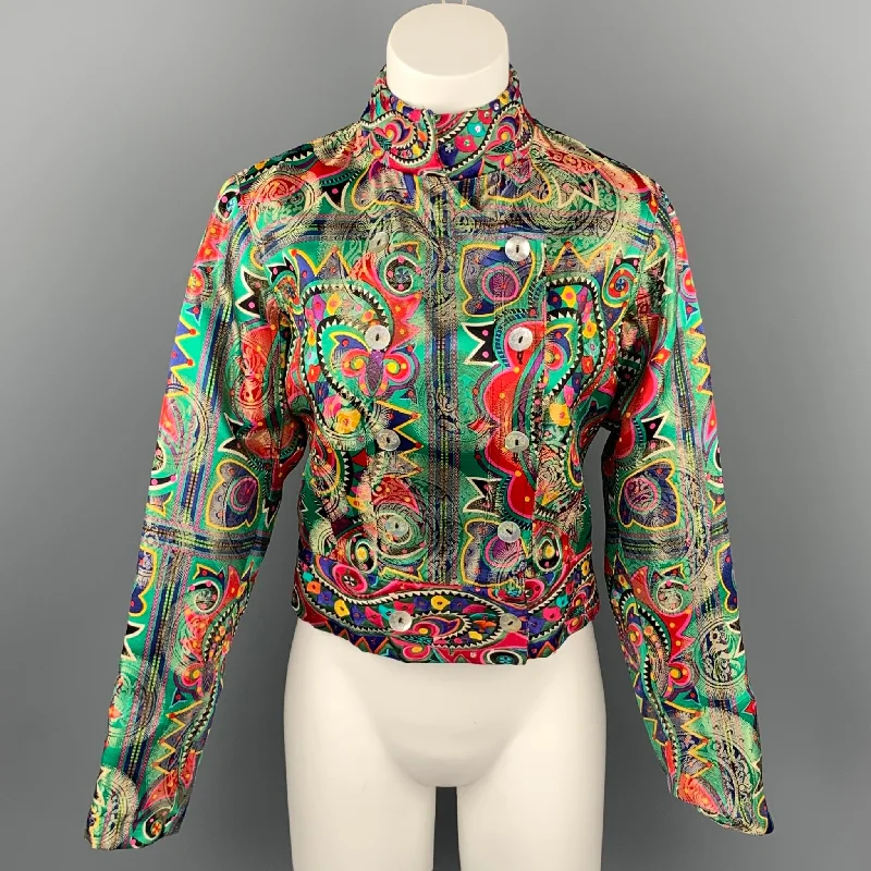JOHN GALLIANO Size 4 Multi-Color Embroidered Abstract Silk Blend Double Breasted Jacket Lace Jacket Ribbed Jacket Sequined Jacket JOHN GALLIANO Size 4 Multi-Color Embroidered Abstract Silk Blend Double Breasted Jacket Lace Jacket Ribbed Jacket Sequined Jacket