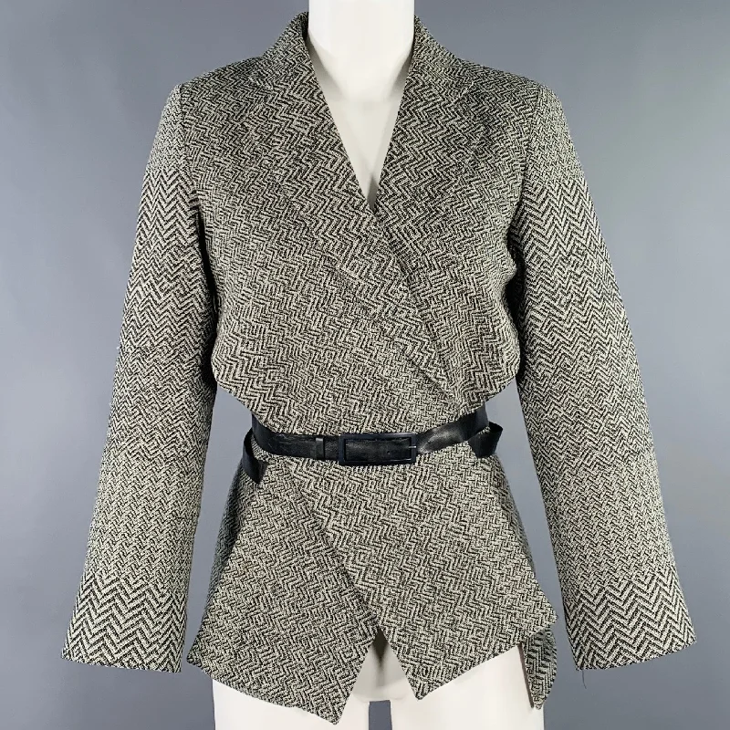 KENZO Size S Black White Wool Chevron Deconstructed Jacket Blazer Tiered Jacket Buttoned Jacket Zippered Jacket KENZO Size S Black White Wool Chevron Deconstructed Jacket Blazer Tiered Jacket Buttoned Jacket Zippered Jacket
