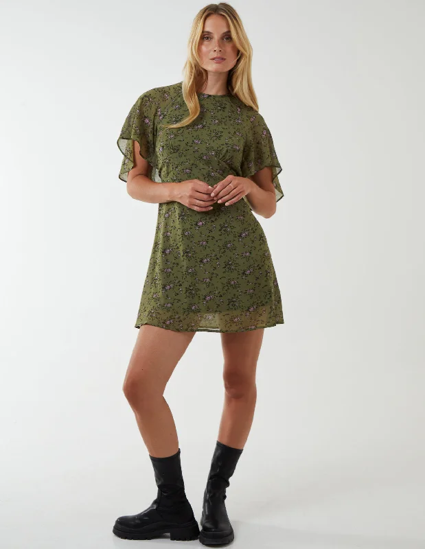 Floral Print Flutter Sleeve Mini Dress Casual Mini Dress with Pockets