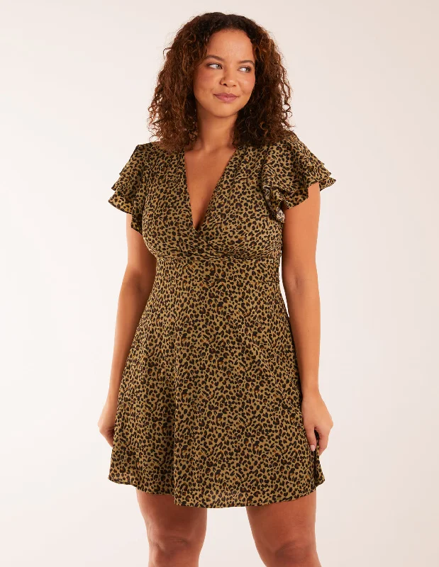 Leopard Print Wrap Ruffle Mini Dress Classic Casual Mini Dress