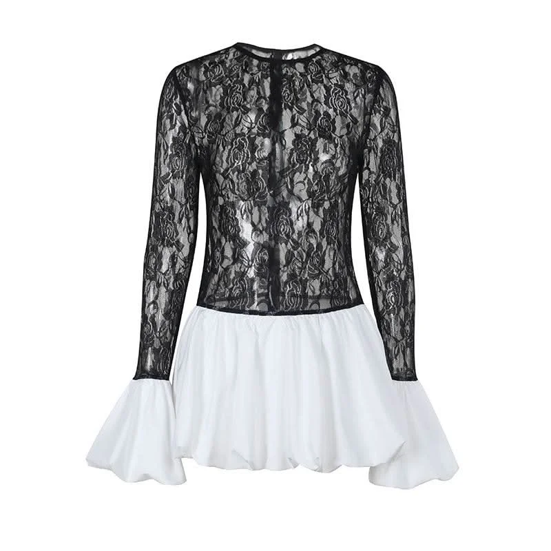 Long sleeve lace patchwork zip-up mini dress Stylish Short-Sleeve Mini Dress