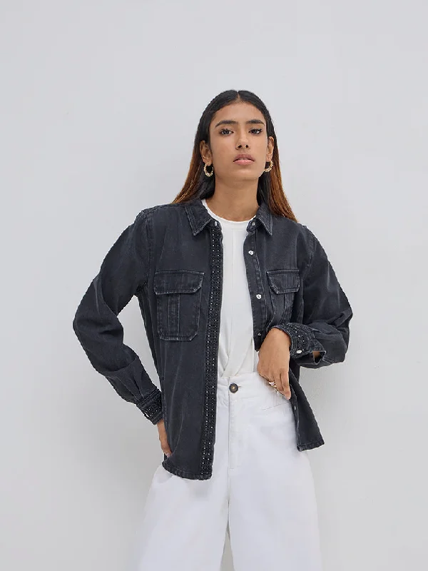 LOV Black Embellished Denim Jacket Rayon Fabric Velvet Fabric Corduroy Fabric