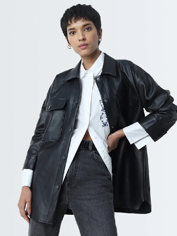 LOV Black Faux-Leather Jacket Mesh Jacket Canvas Jacket Denim Jacket