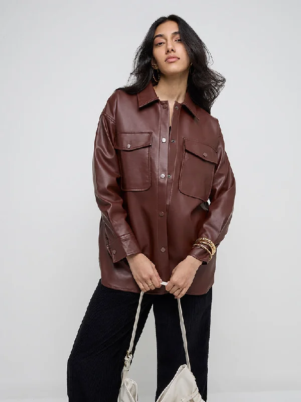 LOV Brown Faux-Leather Jacket Fleece Jacket Down Jacket Parka