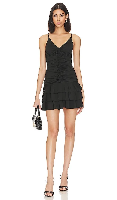 MORE TO COME Susanna Ruched Mini Dress in Black Trendy Mesh Mini Dress