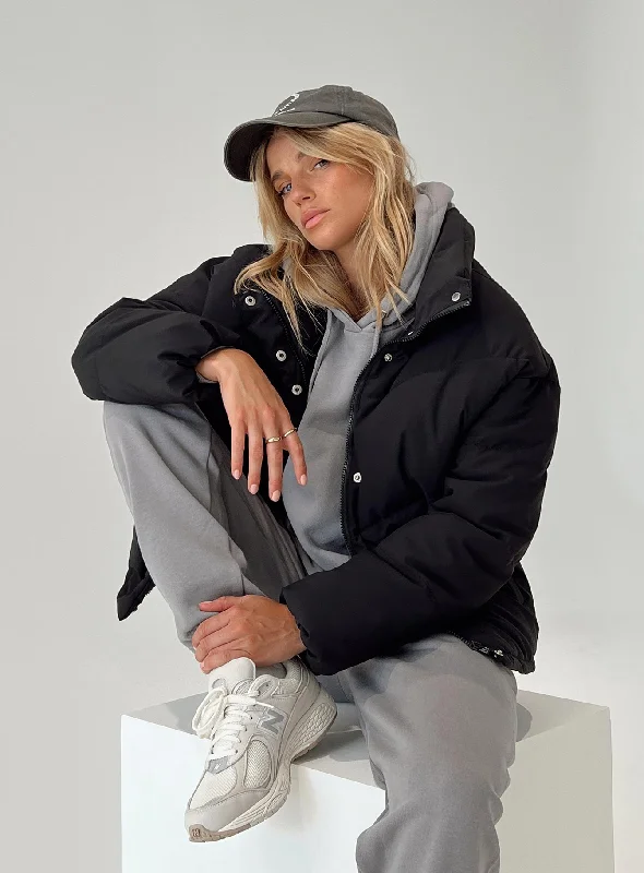 Nathalia Puffer Jacket Black Zip Front Button Front Snap Front