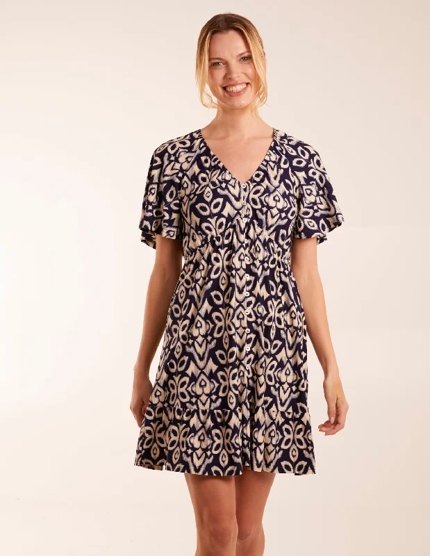 Button Through Elastic Waist Mini Dress Chic Tropical Mini Dress