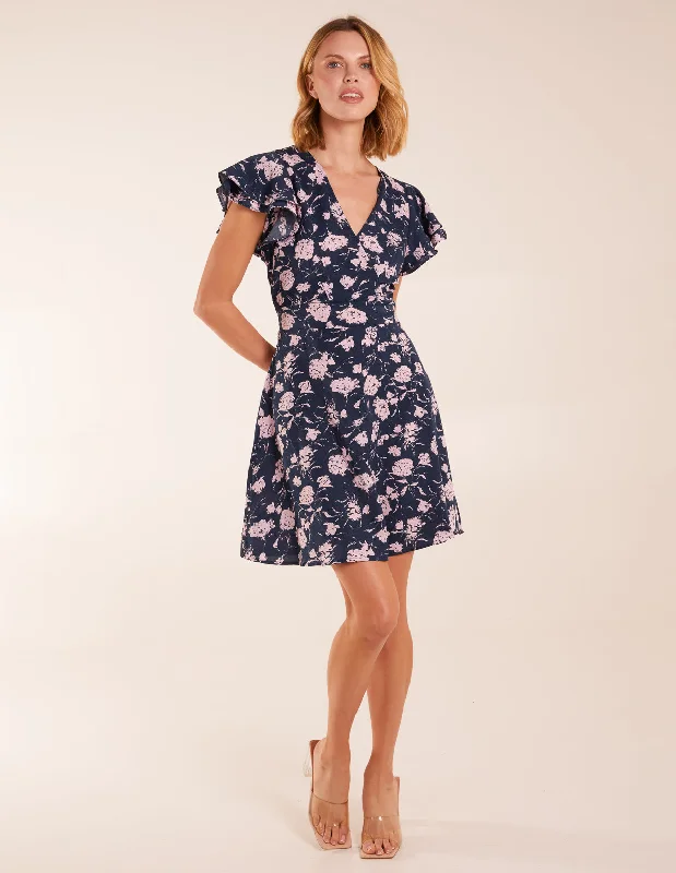Floral Frill Sleeve Mini Dress Fashionable Polka Dot Mini Dress